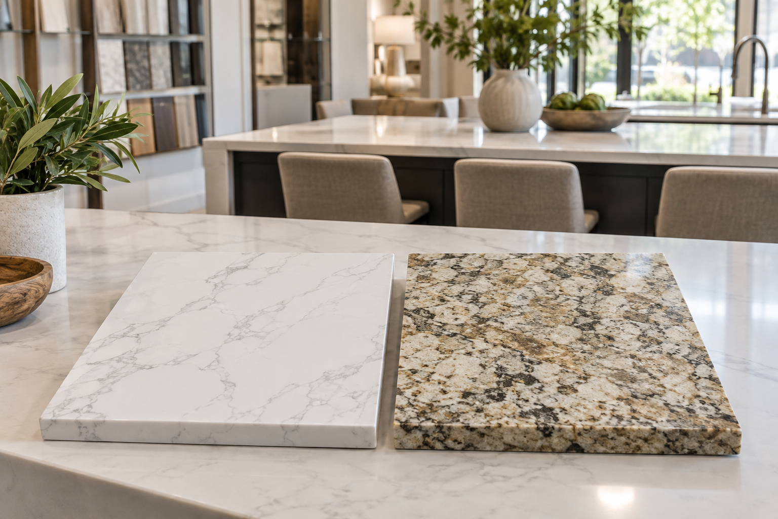 Quartz and granite countertop samples