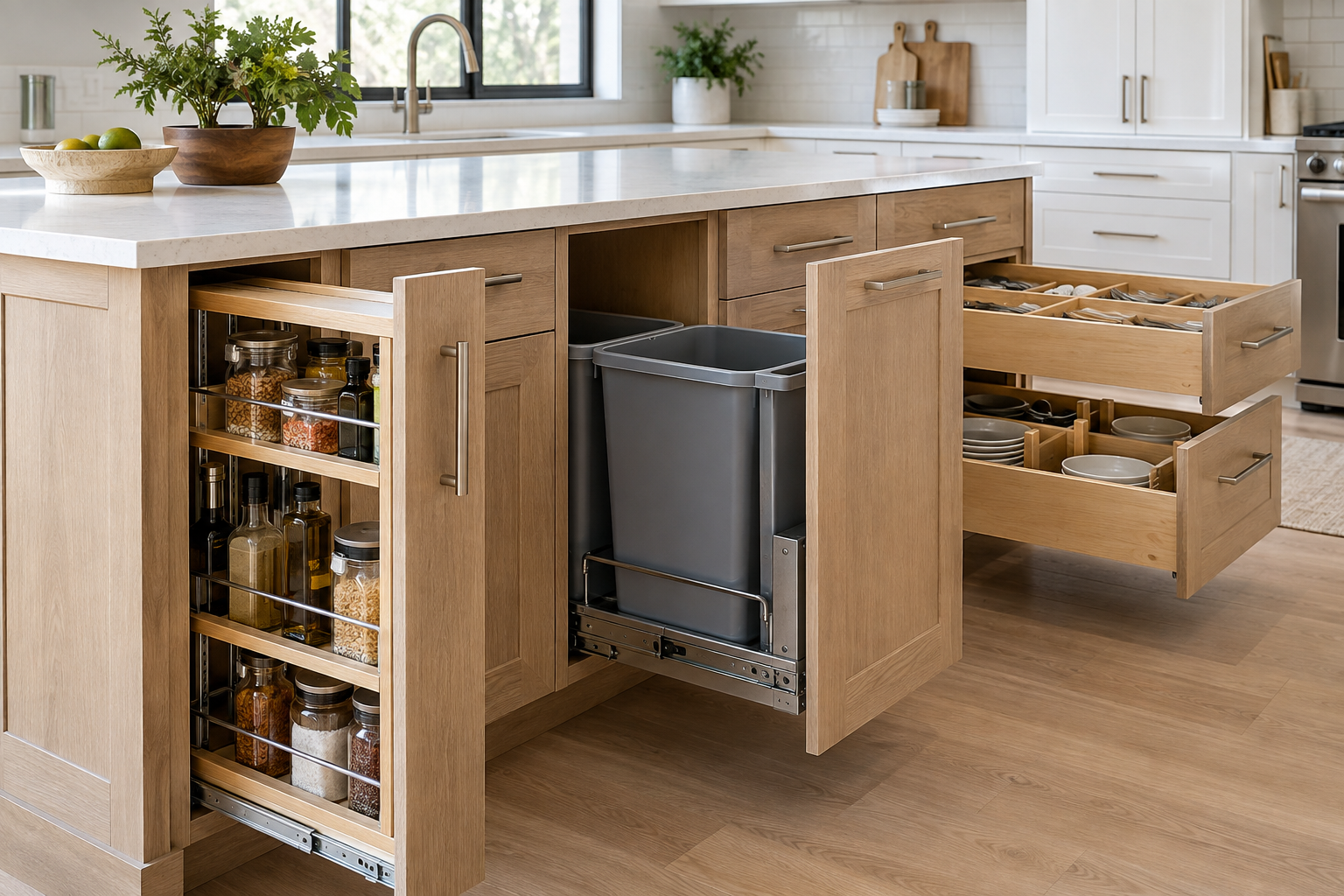 Kitchen cabinet pull-outs and storage organizers